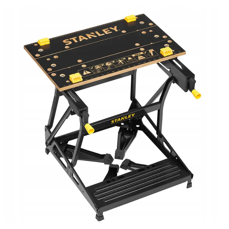 Verkstedbord 2 i 1, sammenleggbart arbeidsbord i svart metall med trefarget plate og gule Stanley-detaljer.