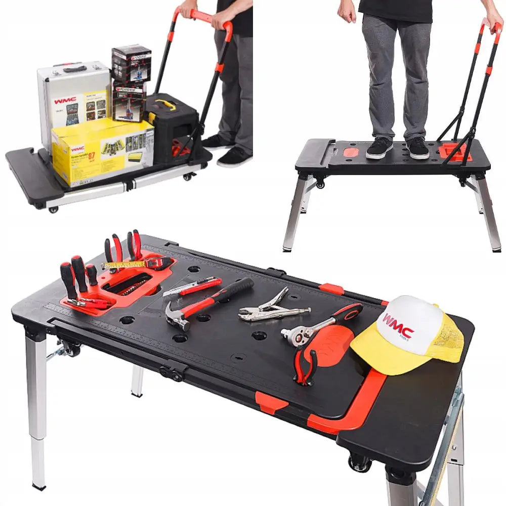 Multifunksjonelt verkstedbord sammenfoldet som transportvogn med hjul, varer og røde detaljer synlige.