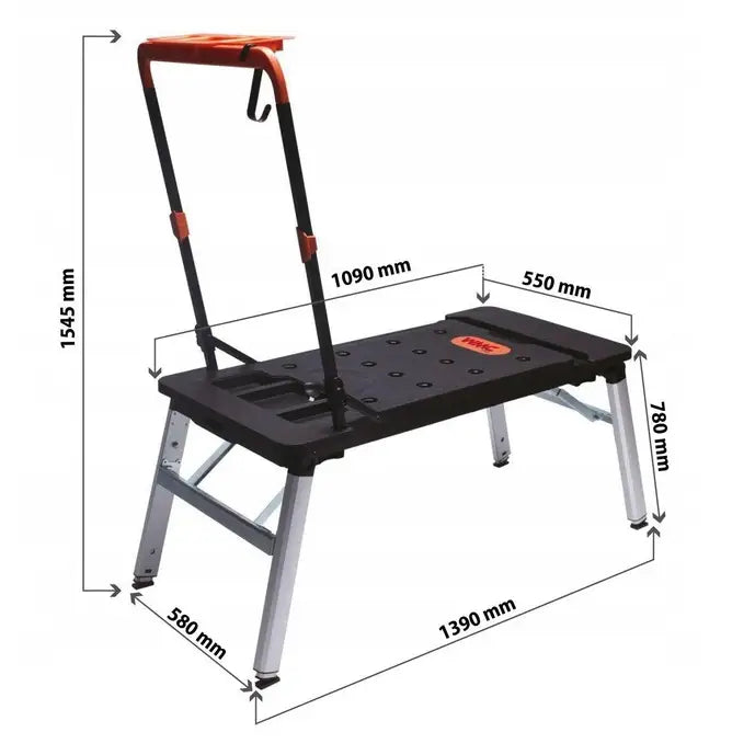 Verkstedbord 7-i-1 sett fra siden, sammenleggbare ben, oransje håndtak og mål oppgitt langs kantene.