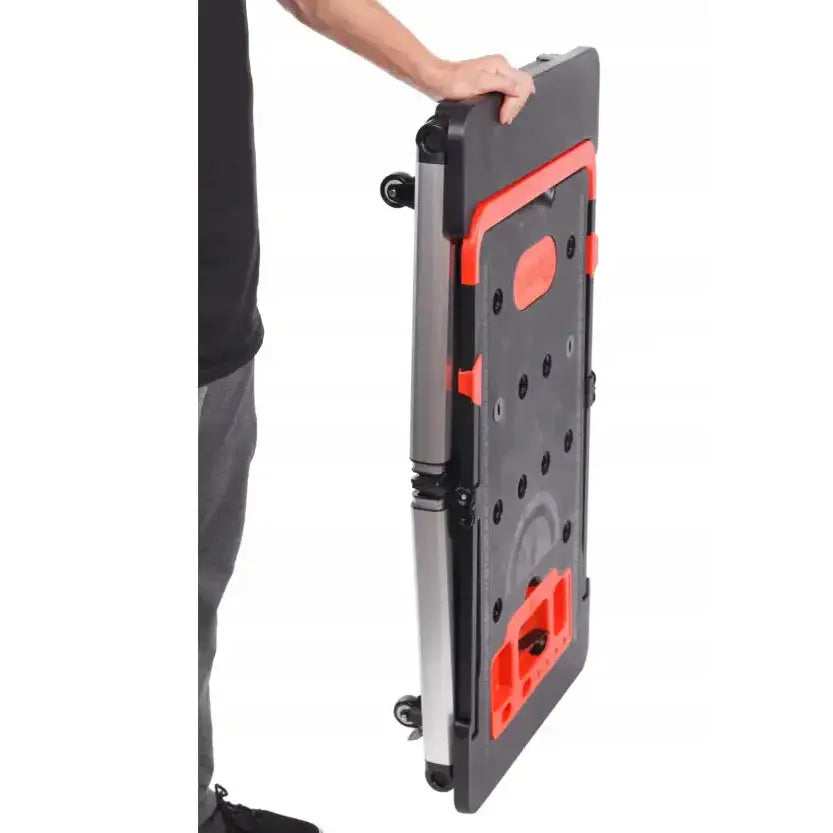 Verkstedbord Universal Multifunksjonell 7 i 1, sammenleggbart design med hjul og bærehåndtak vist vertikalt.