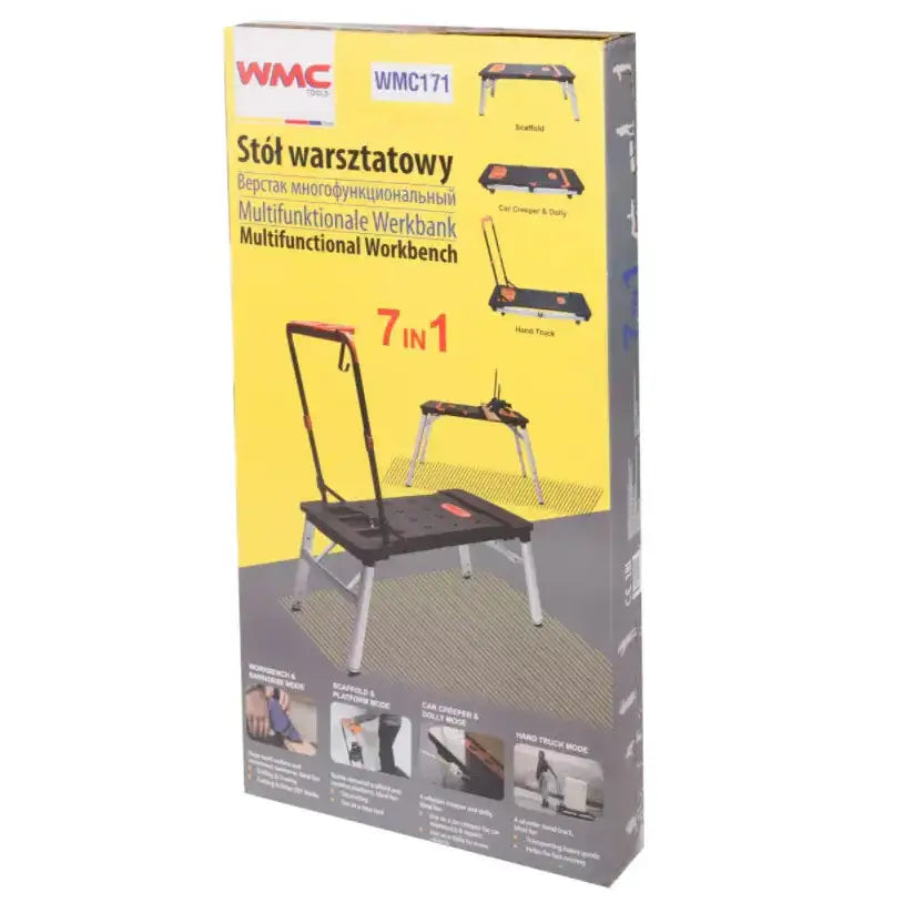 Verkstedbord Universal Multifunksjonell 7 i 1, emballasje med bilder av bordets ulike bruksmoduser.