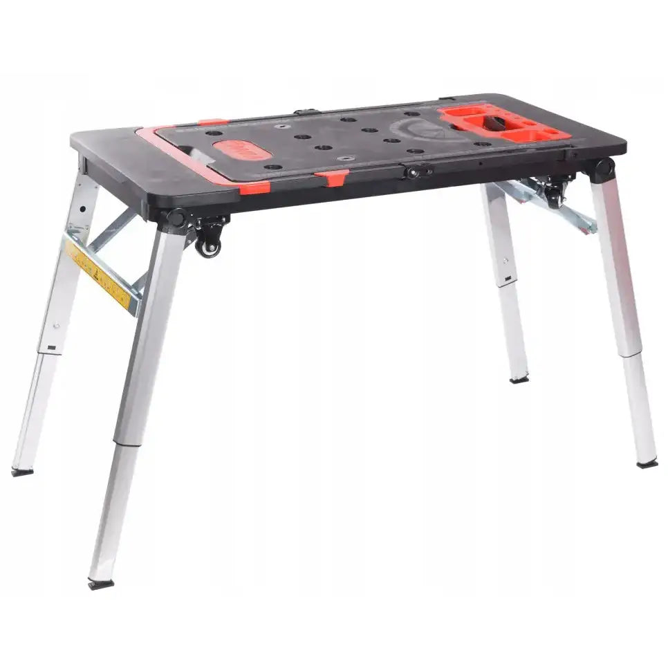 Verkstedbord Universal Multifunksjonell 7 i 1, skråvisning av bordplate med hull og spor samt justerbare aluminiumsben.