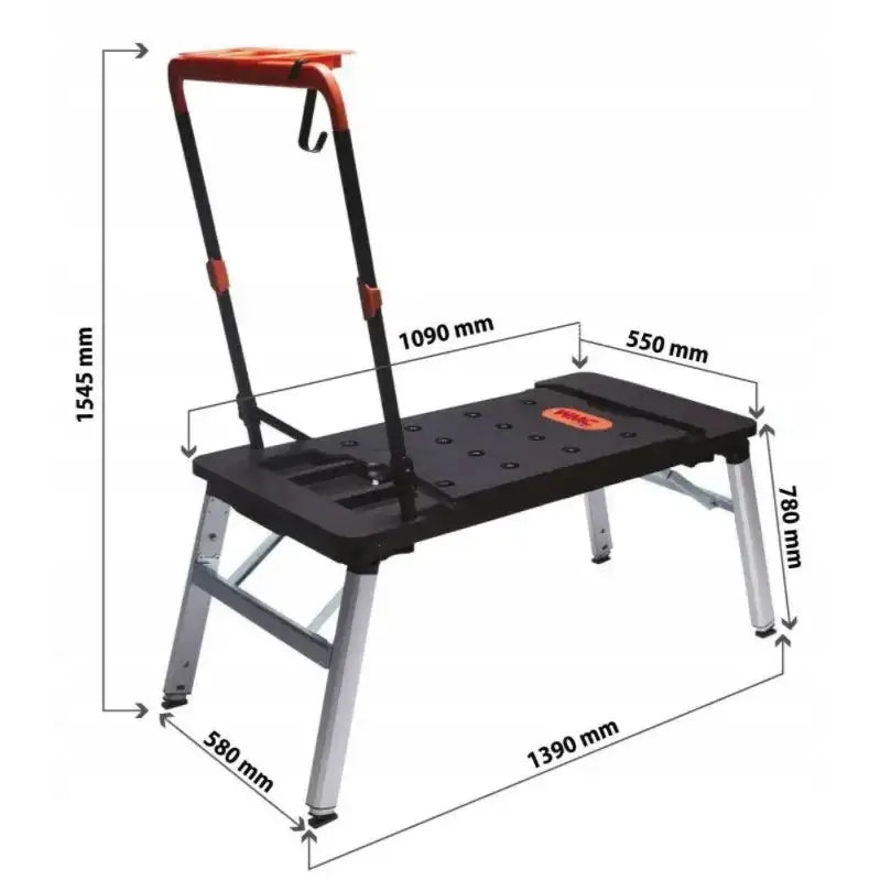 Verkstedbord Universal 7 i 1, skråvisning med mål for lengde, bredde og høyde samt oransje håndløper.