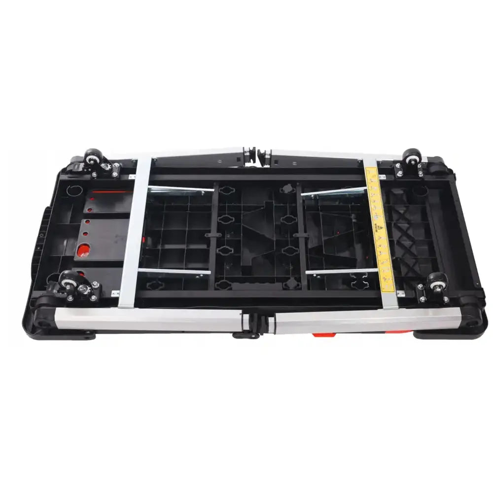 Verkstedbord Universal Multifunksjonell 7 i 1 sett ovenfra, viser hjul og integrert gul linjal på siden.