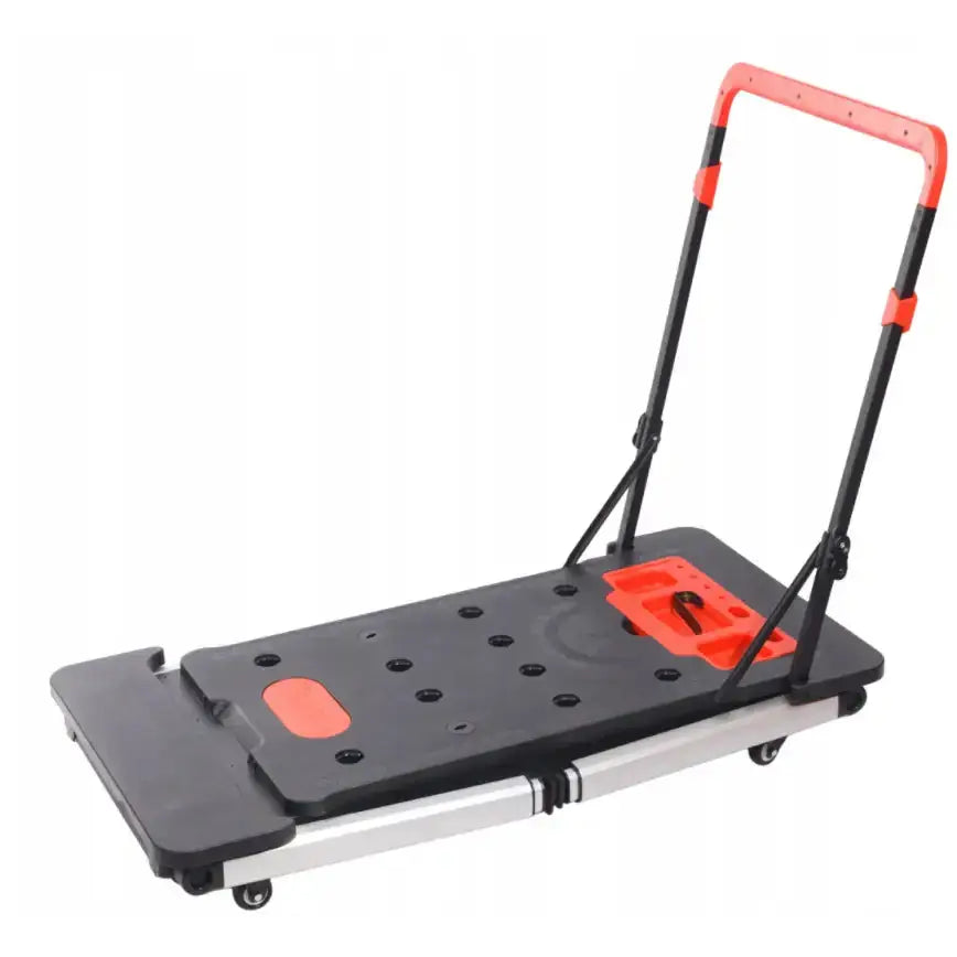 Verkstedbord Universal 7 i 1, sort tralle med røde detaljer, hullplate, oppbevaringsrom og sammenleggbart håndtak.