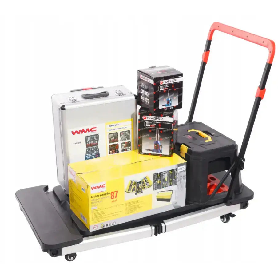 Verkstedbord Universal Multifunksjonell 7 i 1 brukt som tralle med verktøykasse, aluminiums koffert og esker, sidevisning.