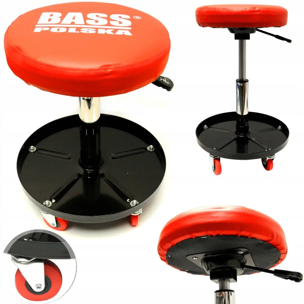 Verkstedkrakk med rød, polstret setepute, sort fot og fire hjul, vist med justerbar høyde og detaljert understell.