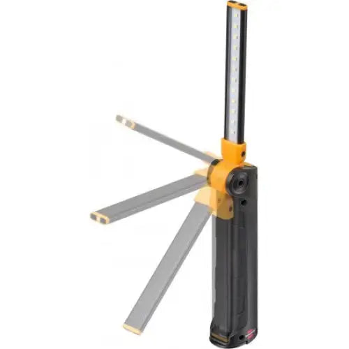 Verkstedlampe LED SANSA 400A, sammenleggbar arm vist i ulike posisjoner og frontplassert LED-panel.