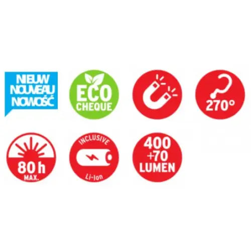 Syv informasjonsikoner for LED verkstedlampe, inkludert miljømerke, magnet, krok og lysstyrke på 400 lumen.