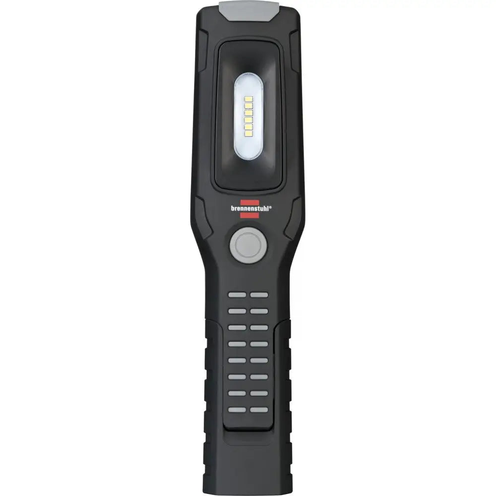 Verkstedlampe LED, frontbilde som fremhever sentral av/på-knapp, grå detaljer og gummiert grep.