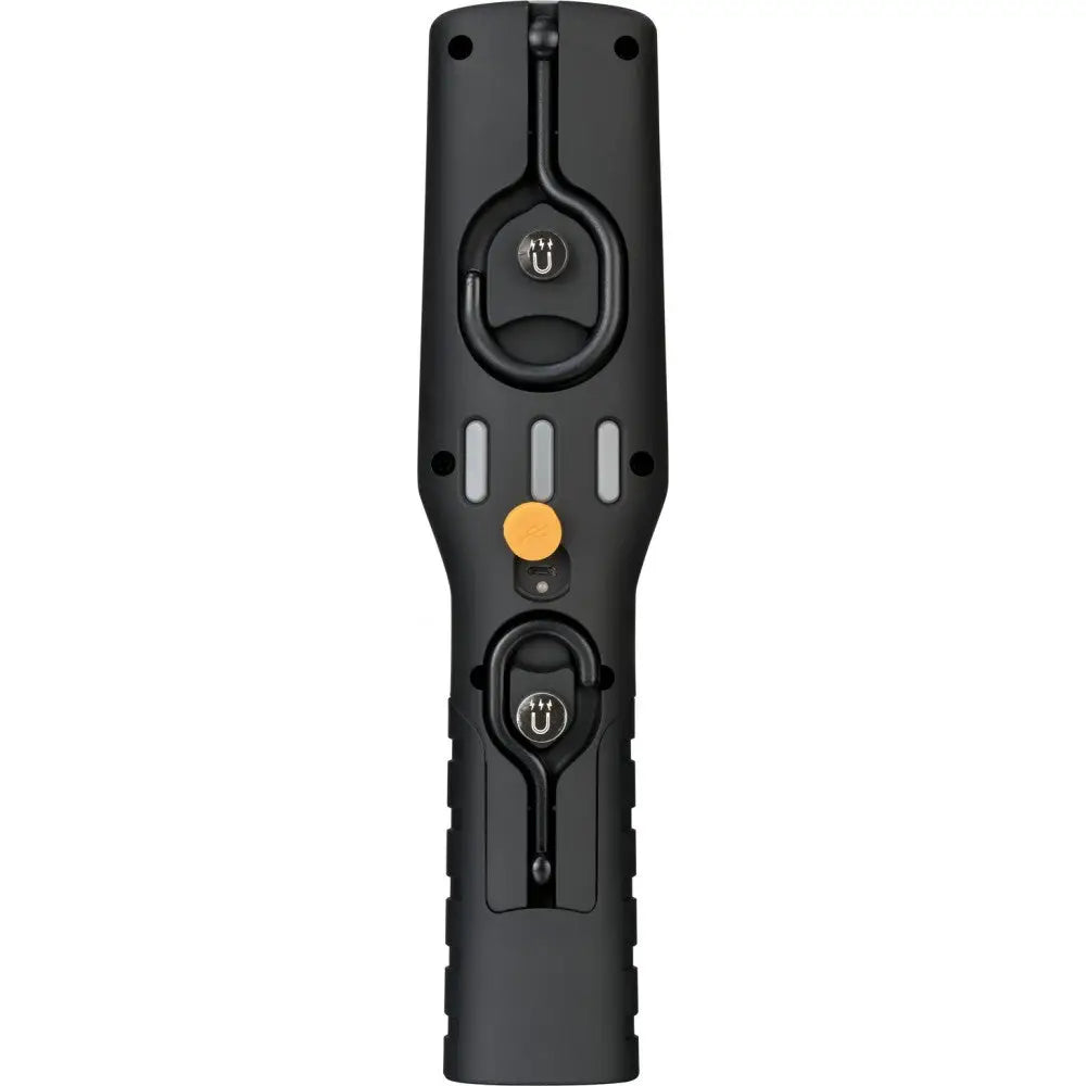 Verkstedlampe LED, sort avlang design med gul knapp og sølvdetaljer, frontvisning mot hvit bakgrunn.