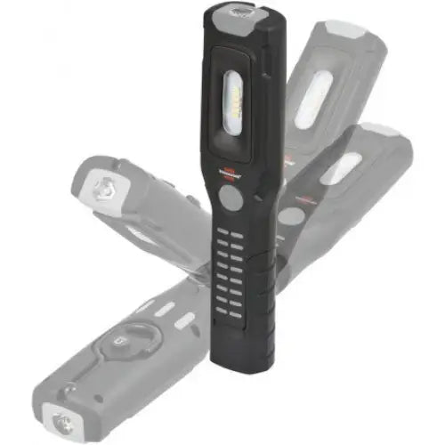 Verkstedlampe med LED-panel, vist stående forfra, med illustrert justerbar vinkel og fleksibel konstruksjon.