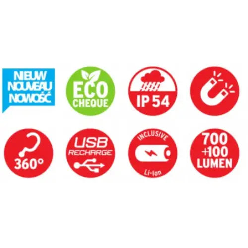 Funksjonsikoner for verkstedlampe LED, viser IP54, 700+100 lumen, magnet, krok, USB og Li-ion batteri.