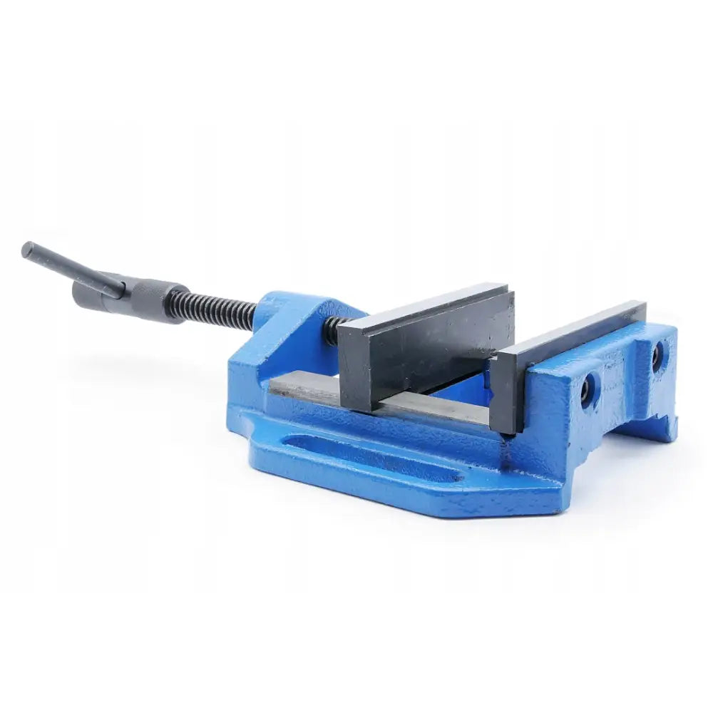 Verksteds boreskrustikke 125mm, blå metallkropp med sorte håndtak og grove stålkjever sett fra siden.