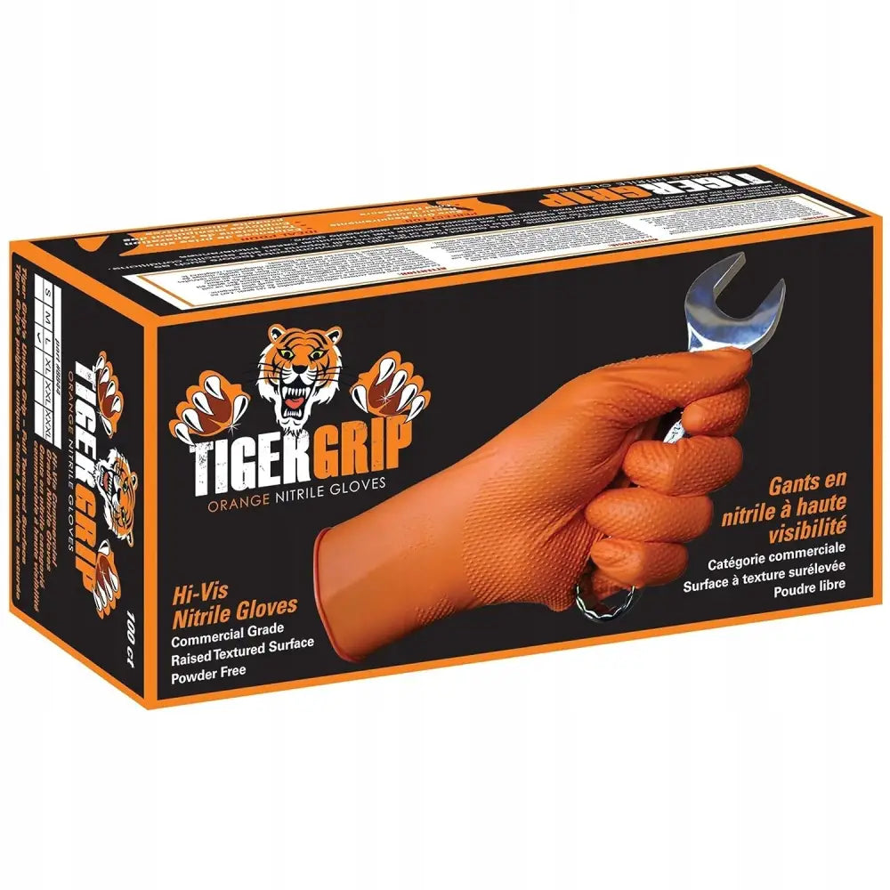 Tiger Grip nitrilhansker XL i oransje, teksturert hanske holder skiftnøkkel foran sort og oransje eske.