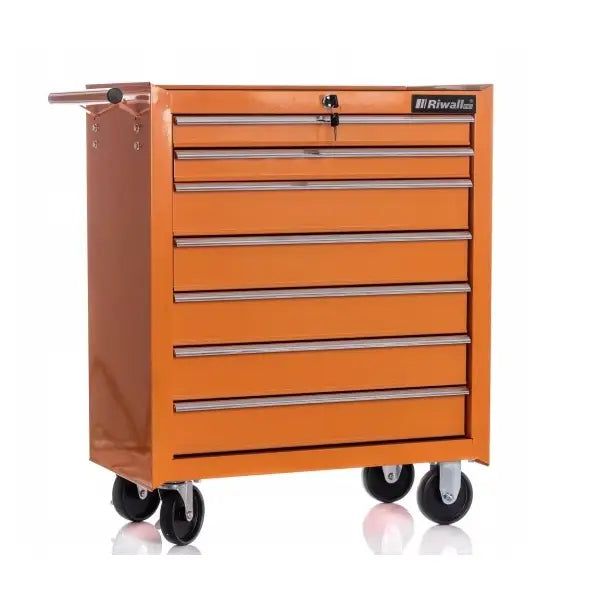 Verkstedskap XXL Pro Riwall i oransje metall med seks skuffer, hjul og håndtak, skrå forfra med synlig lås.
