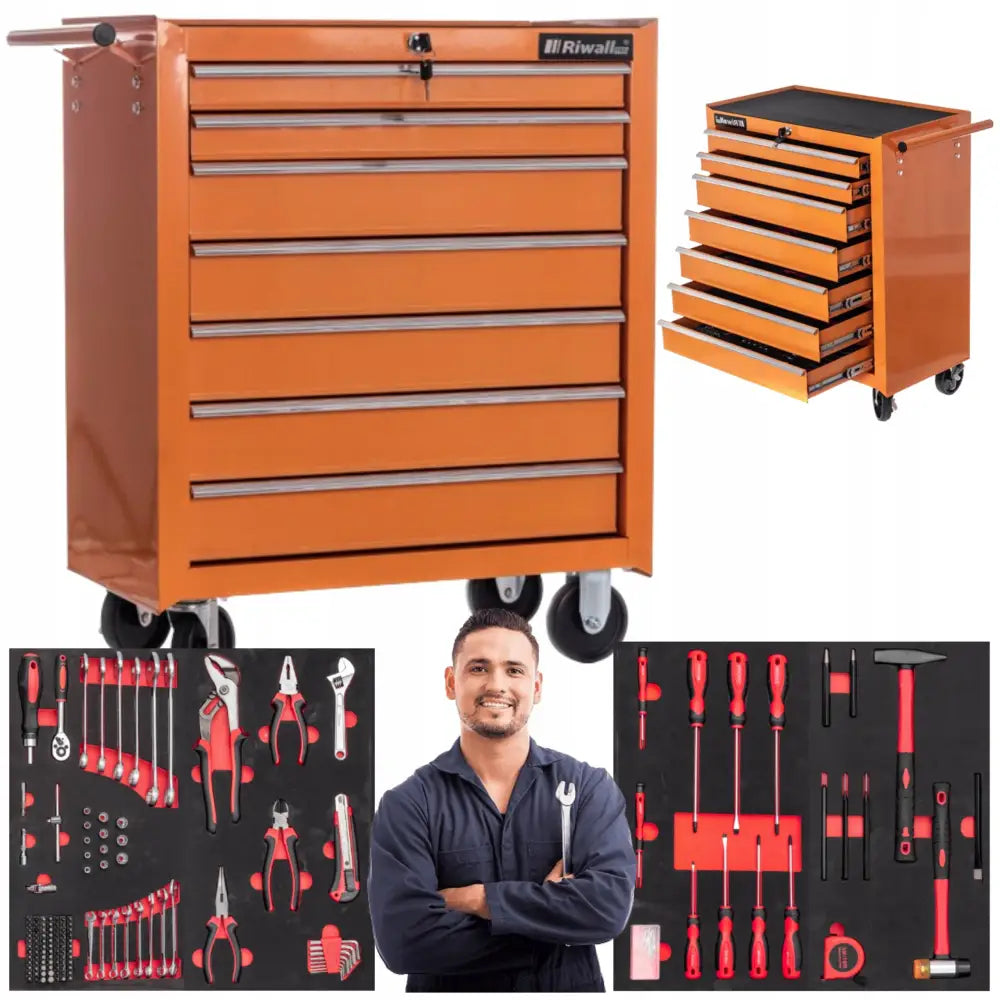 Verkstedskap XXL Pro Riwall, oransje tralle med seks skuffer, fullt verktøysett og mann i arbeidsklær.
