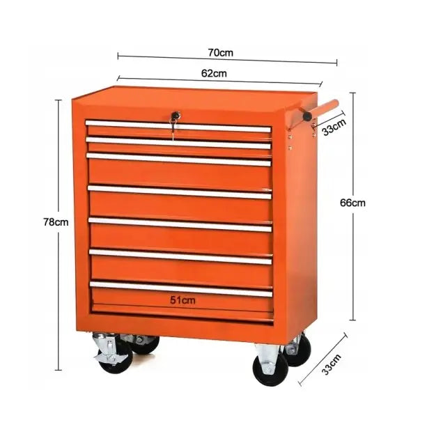 Oransje verkstedskap XXL Pro Riwall med seks skuffer, hjul og håndtak, sett forfra på skrå i detalj.