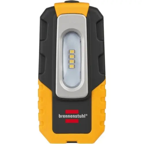 Verkstedslampe med svart og gult skall, synlig LED-panel og sølvramme, frontvisning mot hvit bakgrunn.