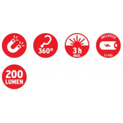 Verkstedslampe LED HLDA40MH, oversikt over funksjoner med røde ikoner for magnet, krok, batteri og lysstyrke.