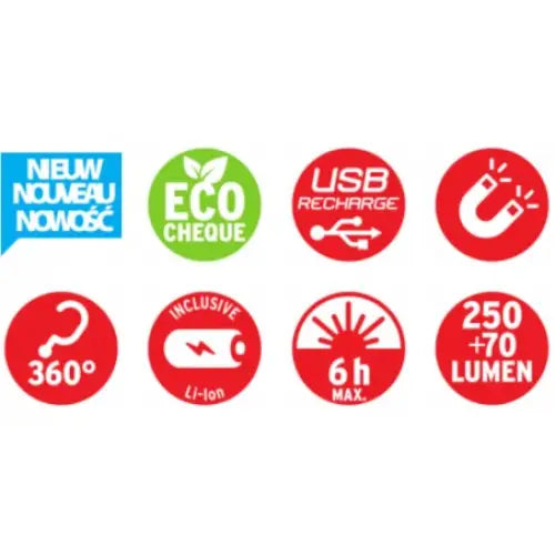 Sju fargesterke symboler som viser USB-lading, magnet, krok, batteritid, lysstyrke og Li-Ion batteri.