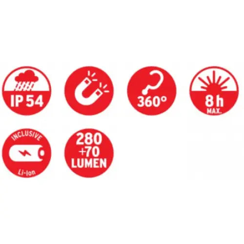 Seks røde ikoner fremhever verkstedslampens IP54, magnet, 360° krok, 8 t brukstid, Li-ion-batteri og 280+70 lumen.