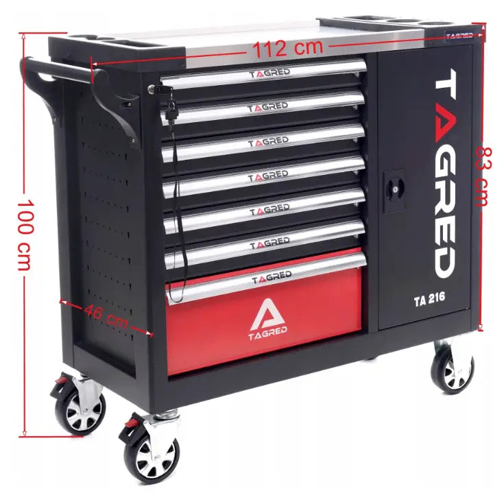 Verkstedsskap med seks sølvfargede skuffer, stor rød skuff, fire hjul og tydelige målangivelser.