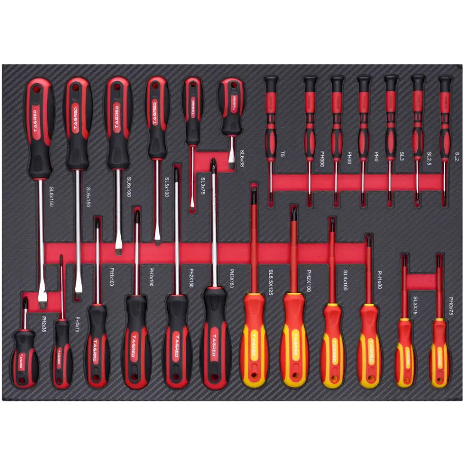 Skrujernsett i sort og rød skuminnlegg, ulike størrelser og farger, sett ovenfra med tydelige håndtak.