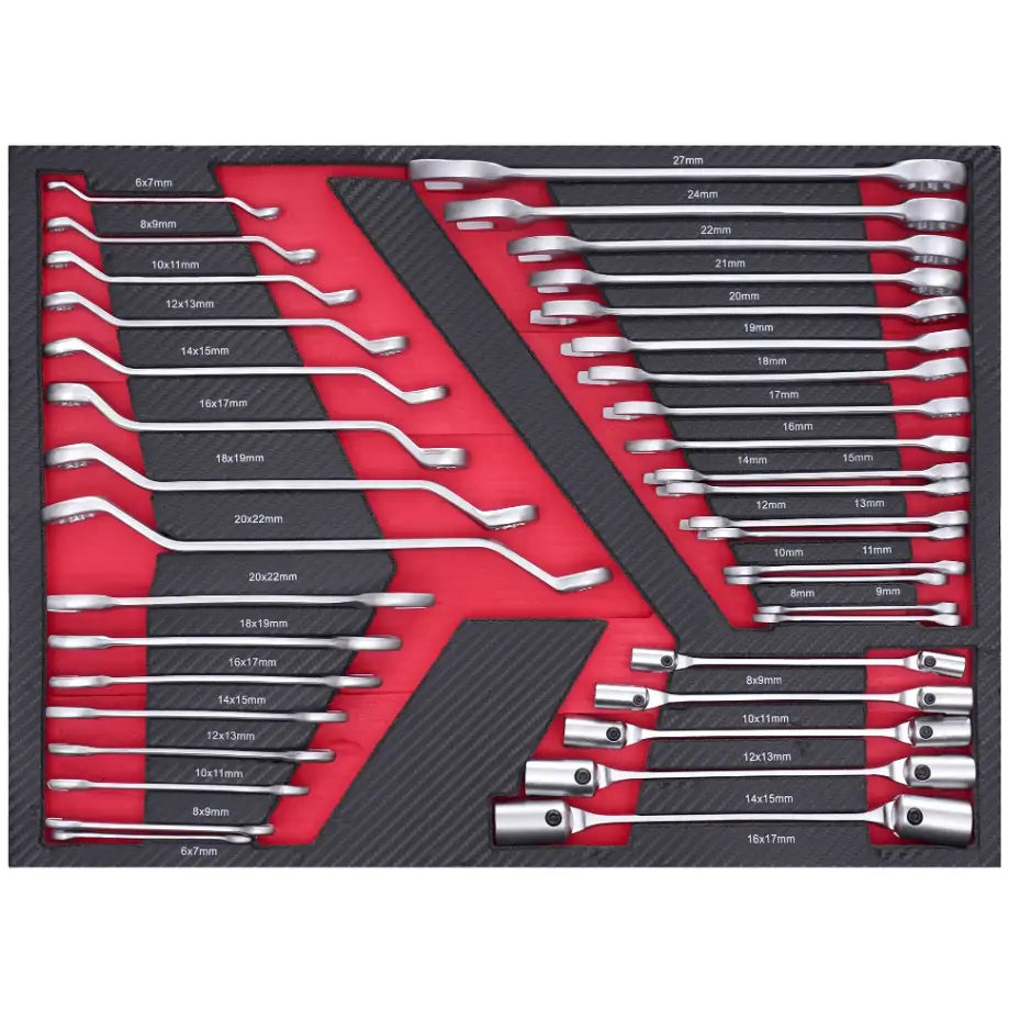 Verkstedsskap med 306 deler, oversiktlig sorterte fastnøkler og piper i rød og svart skuffinnsats.