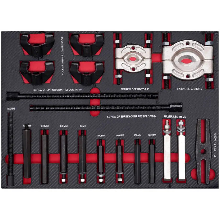 Verkstedsskap med 306 deler, oversiktsbilde av sort og rødt verktøysett lagt i tilpassede spor på oppbevaringsplate.