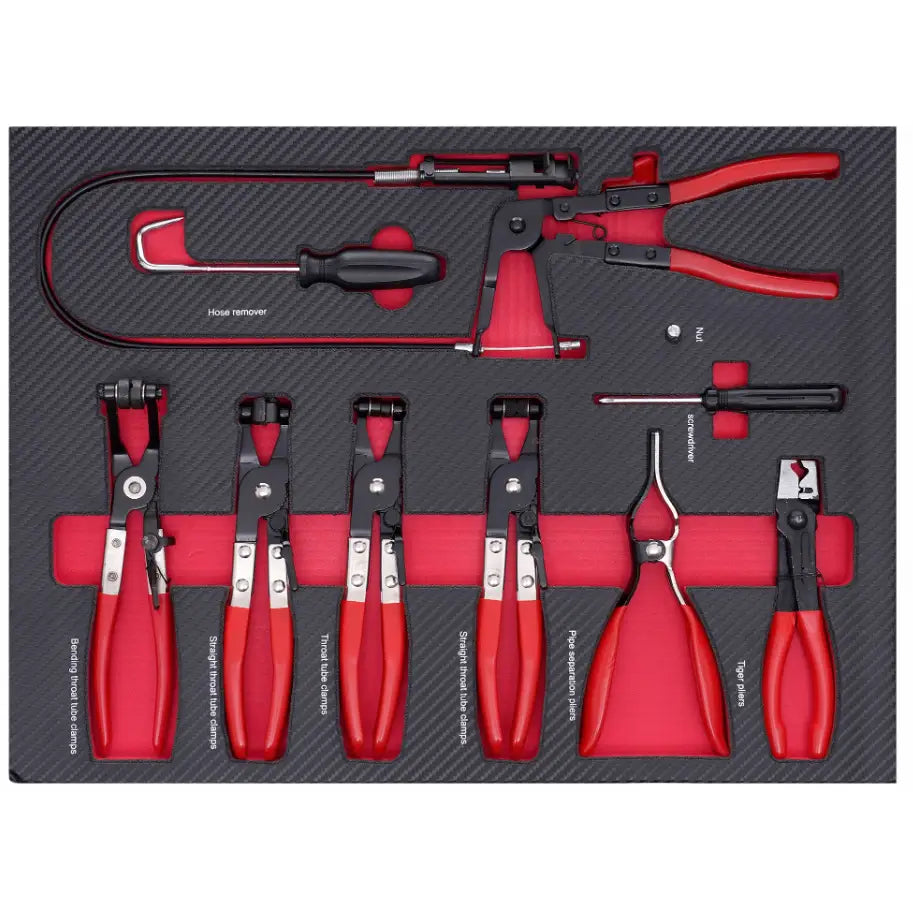 Verkstedsskap med 306 deler, tang- og spesialverktøy i sort skuminnsats med røde og svarte håndtak.