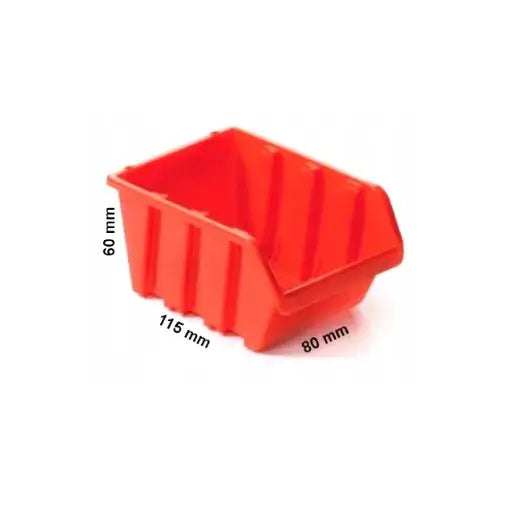 Rød plastboks til verkstedstavle, sett skrått fra siden med synlige mål: 60x115x80 mm.