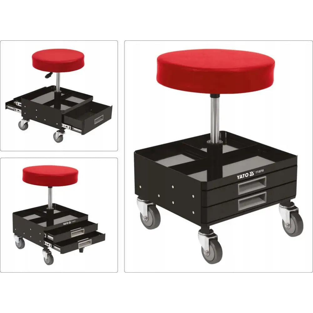 Verkstedstol med skuffer, sort rullende krakk med rød polstret pute, to metallskuffer og åpne rom under setet.
