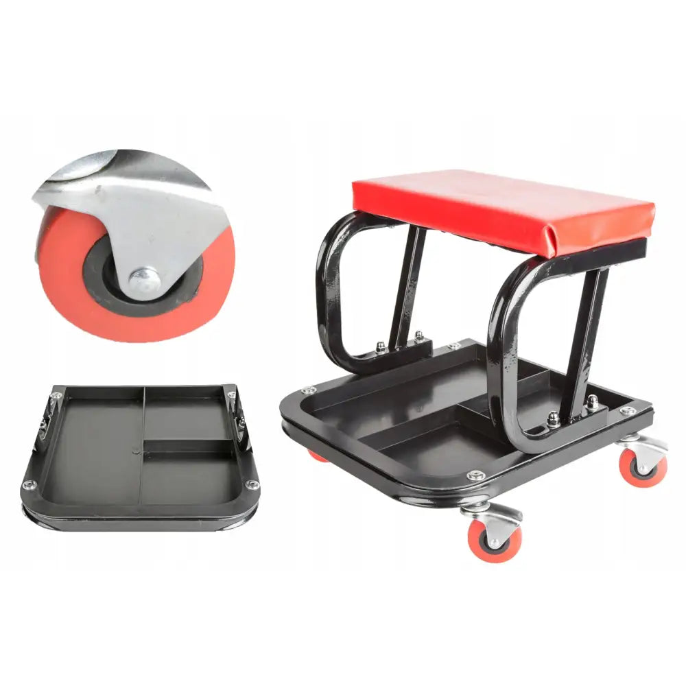 Verkstedstol på hjul med rødt sete, nærbilde av hjul og avtagbar oppbevaringsskuff i metallramme.