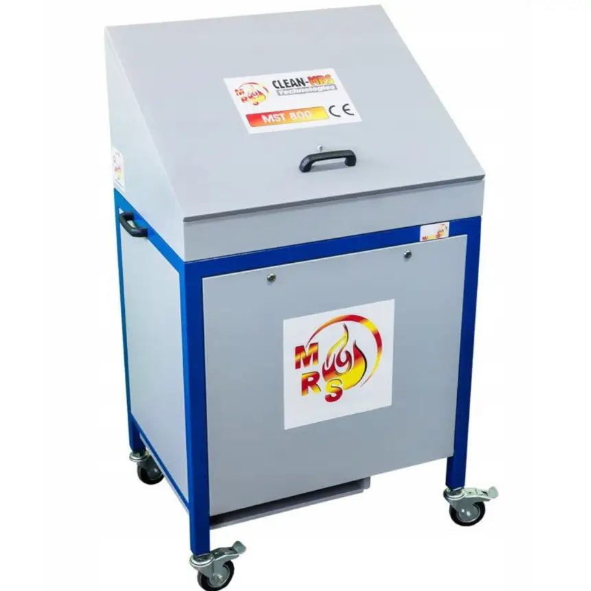 Verkstedsvasker for deler og verktøy MST 800, skrå frontvisning med hjul, blå ramme og tydelig logo.