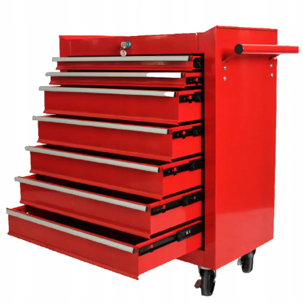Verkstedsvogn Grosley i rød metall, seks åpne skuffer og hjul, vist fra skrått sideperspektiv.