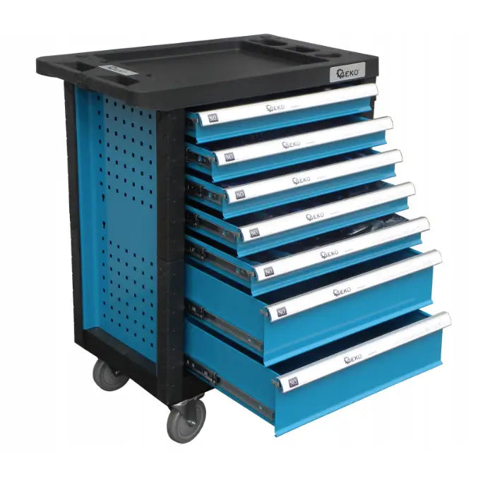 Verkstedsvogn i blått metall med syv åpne skuffer, hjul og perforerte svarte sidepaneler, front- og sidevisning.