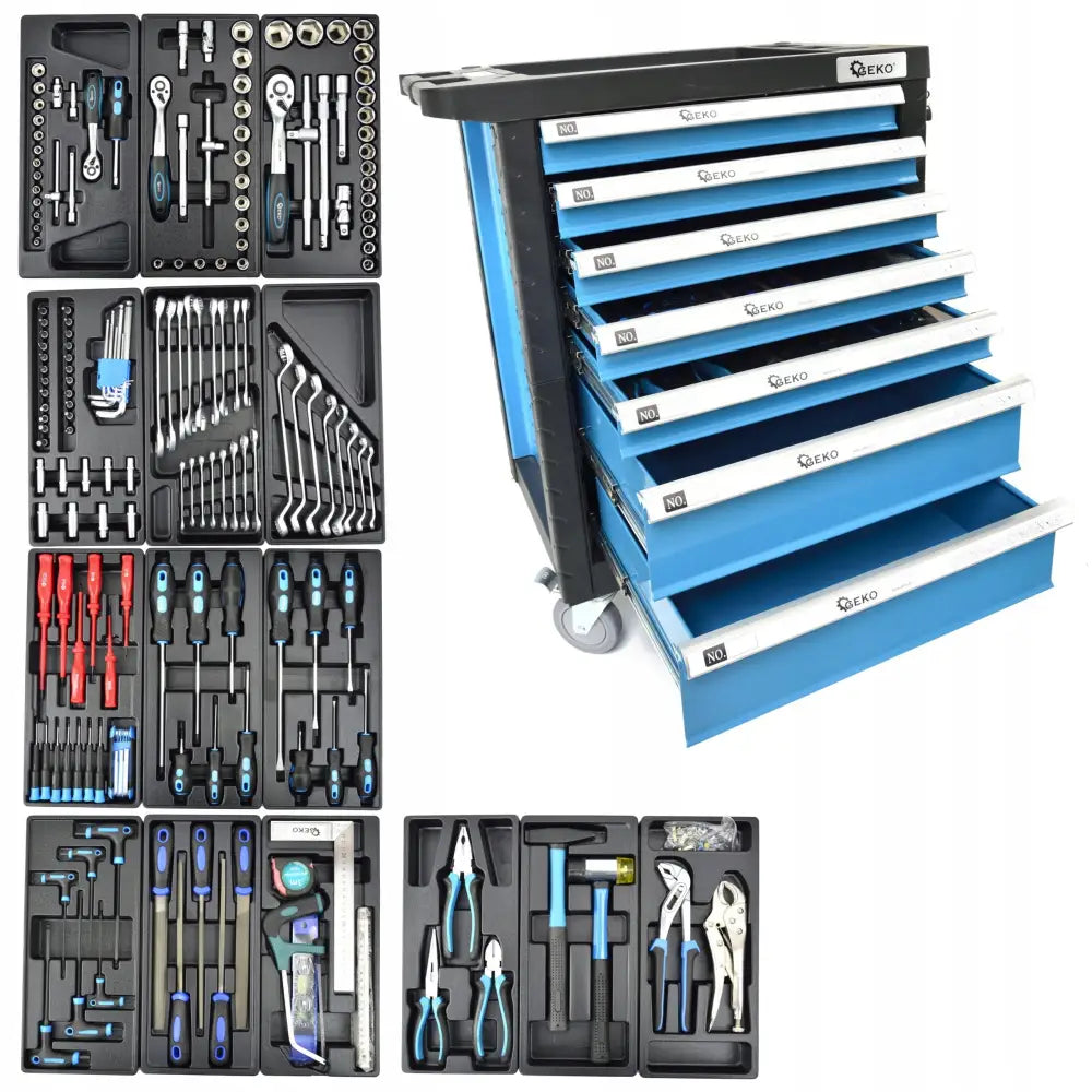 Verkstedsvogn med 7 skuffer, sidevisning med åpne skuffer og sorterte håndverktøy i plastinnlegg.
