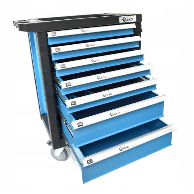 Verkstedsvogn med syv åpne skuffer, metallutførelse i blått og svart, hjul synlige nederst.