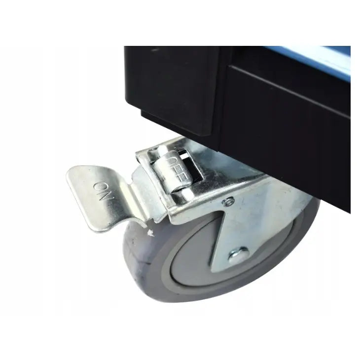 Verkstedsvognens grå hjul i hardplast, sidevisning med tydelig brems og pedal merket "ON" og "OFF".