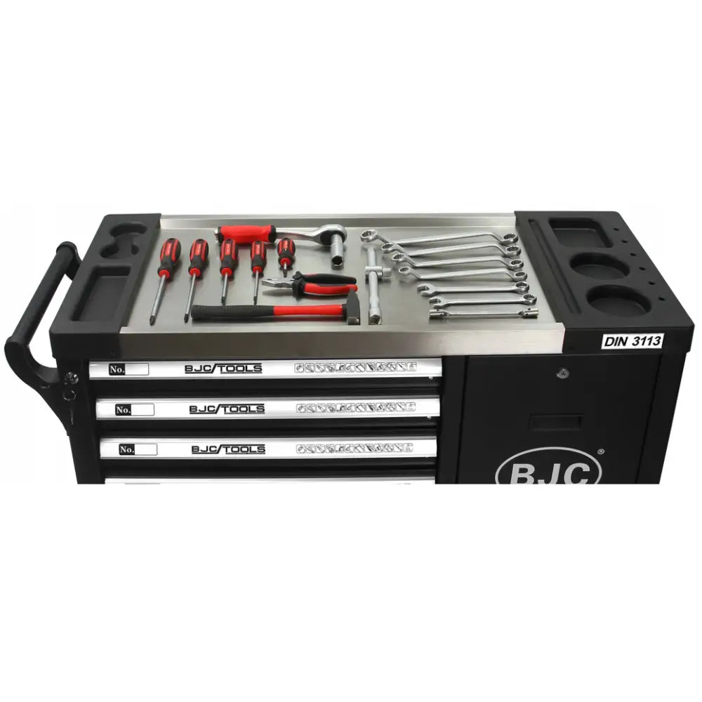 Verkstedsvogn med 7 skuffer, sort og sølv, oversikt over verktøy sortert på toppen, synlige håndtak og skuffer.