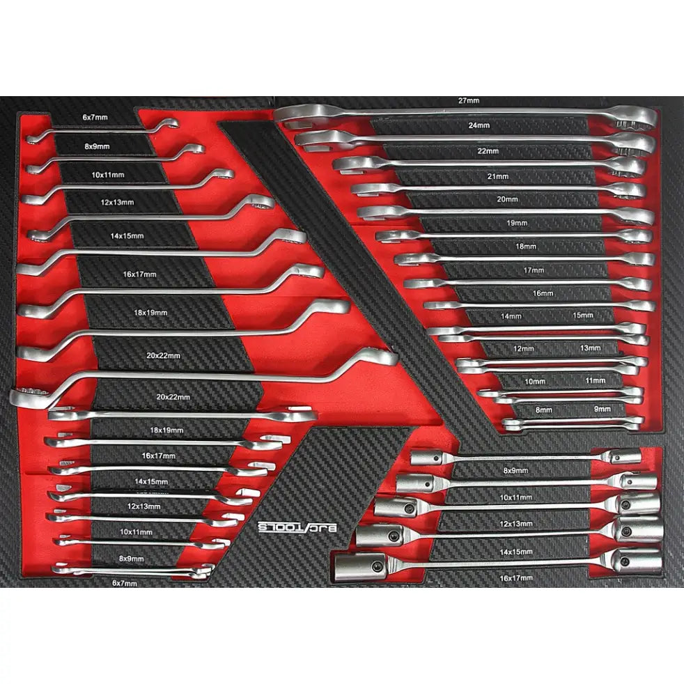 Kombinasjonsnøkler og pipeverktøy i matt metall, sort og rød skuminnsats med tydelige størrelsesmarkeringer.