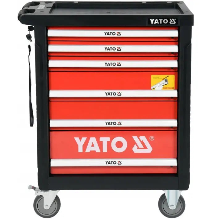 Verkstedsvogn på hjul, frontbilde som fremhever seks skuffer, store hjul og hvit logo på nederste skuff.