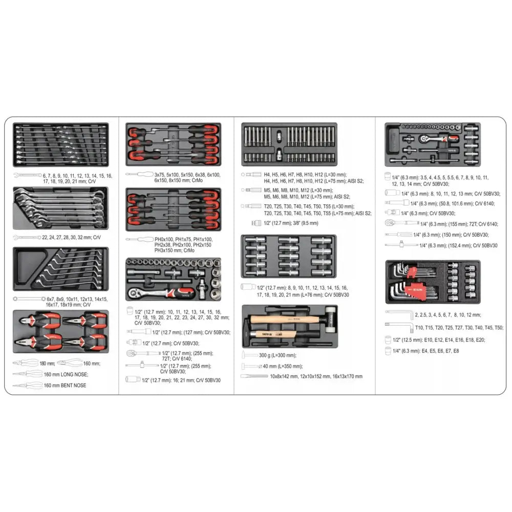 Verkstedsvogn på hjul med 185 deler, oversikt over sortert håndverktøy og bits i skuminnlegg.