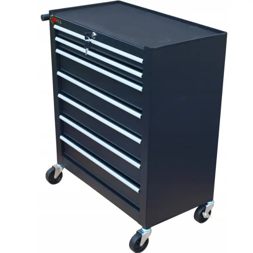 Verkstedsvogn i svart metall med syv skuffer, toppskuff med lås og hjul for mobil oppbevaring.