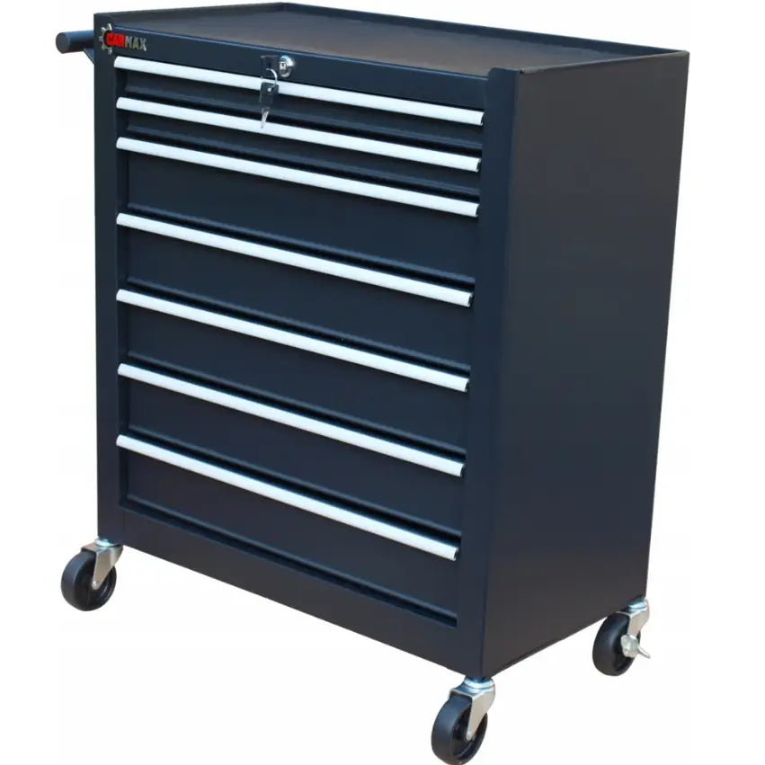 Verktøyskap i metall med seks skuffer og hjul, vist fra skrå vinkel med synlig lås øverst.