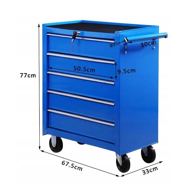 Blå verkstedsvogn i metall med fire skuffer, hjul og sidehåndtak, sett fra siden med synlige mål i centimeter.