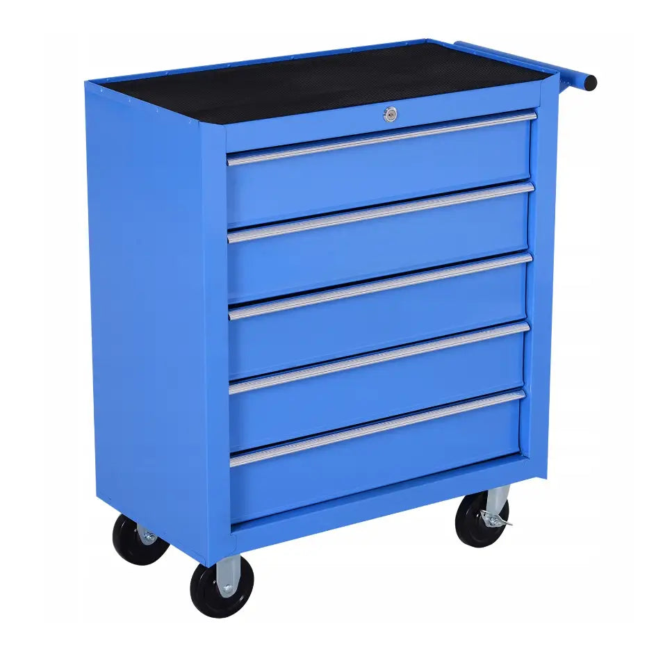 Blå verktøyskapvogn i metall med fem skuffer, fire hjul og håndtak, sett skrått med svarte toppdetaljer.