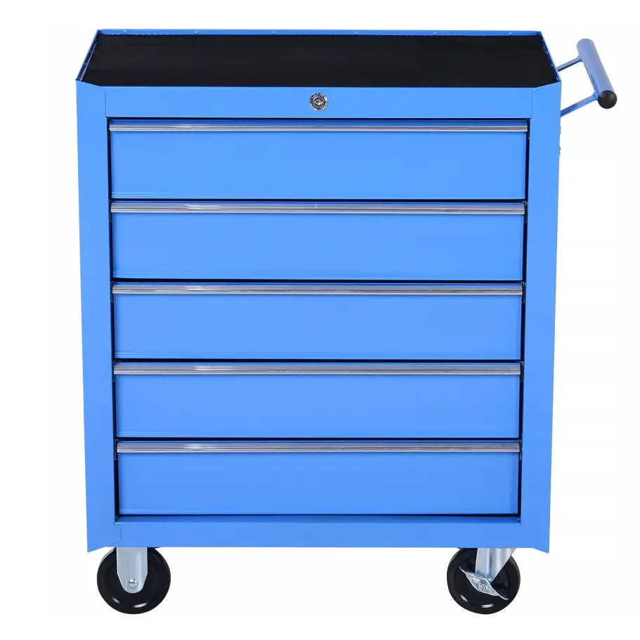Blått verktøyskap i metall med fem skuffer, svingbare hjul og håndtak, frontvisning mot hvit bakgrunn.