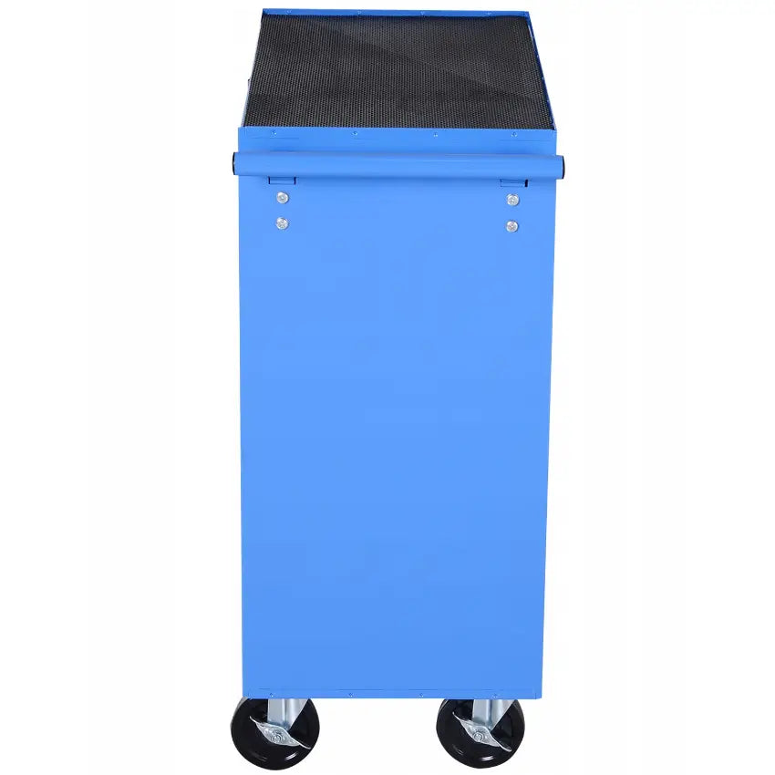 Verkstedsvogn i blått metall, frontvisning med sort perforert topp og bolter synlige på forsiden.